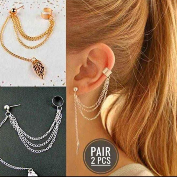 Stunning Pair of Leaf-design ear cuff earrings a long chain and tassel