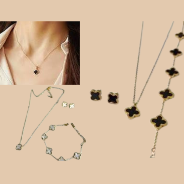 Clover Four Leaf Pendant Necklace + Bracelet + Earrings +For Girls